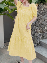 Loose Sweet Square Collar Plaid Puff Short Sleeve  Dress